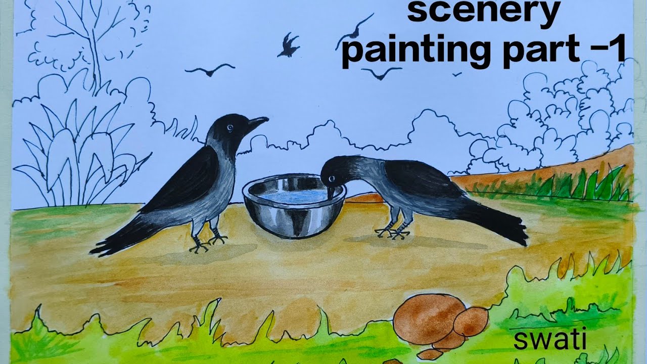 Scenery painting of thirsty crow drinking water|Bird scenery drawing|crow drawing|water colour