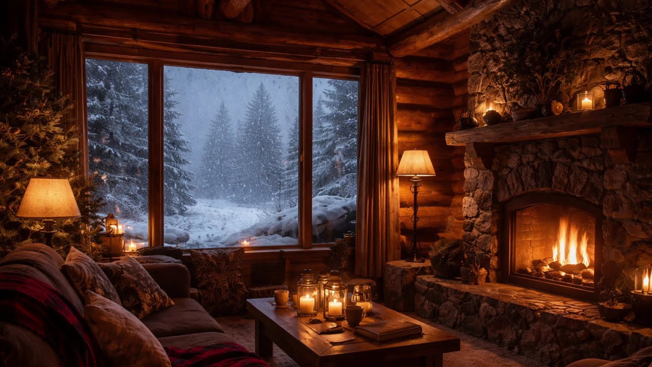 10 Hour Fireplace and Snowstorm in a cozy cabin Full HD