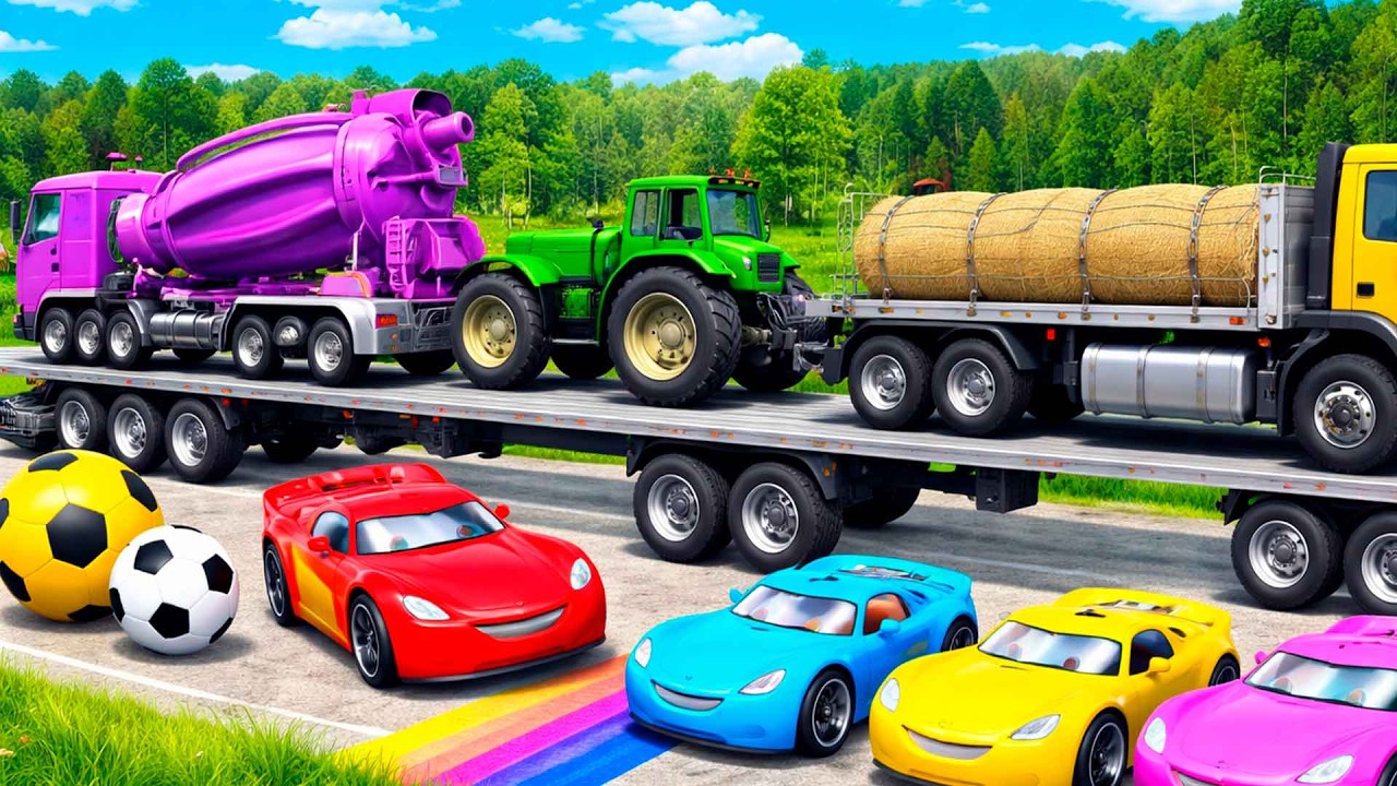 TRANSPORTING PIXAR CARS & FRUITS WITH COLORED & JOHN DEERE vs CLAAS vs TRACTORS - BeamNG.drive#12345