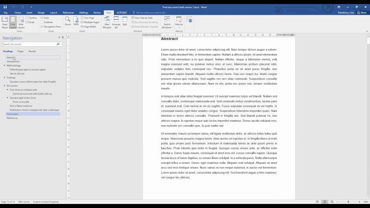 Using the Navigation pane in Microsoft Word for Smaller Dissertation (under 8000 words)