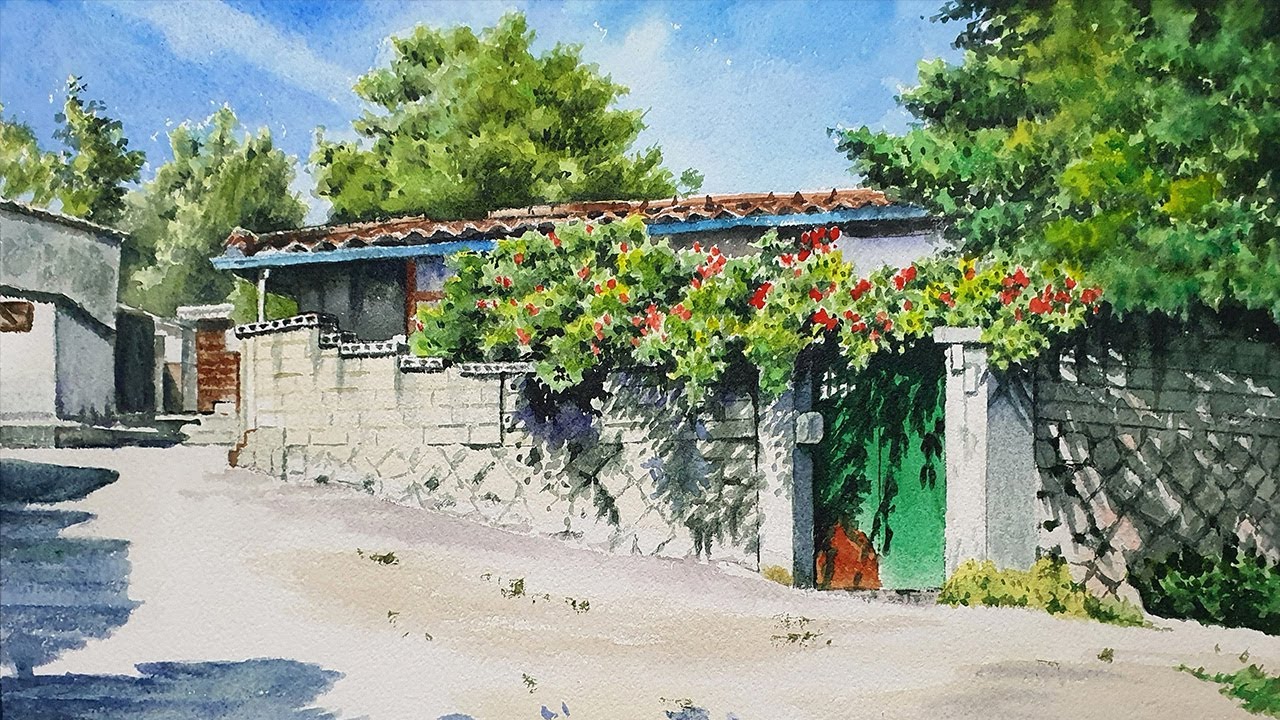 장미 넝쿨 담장집 골목 풍경 수채화 그림 그리기