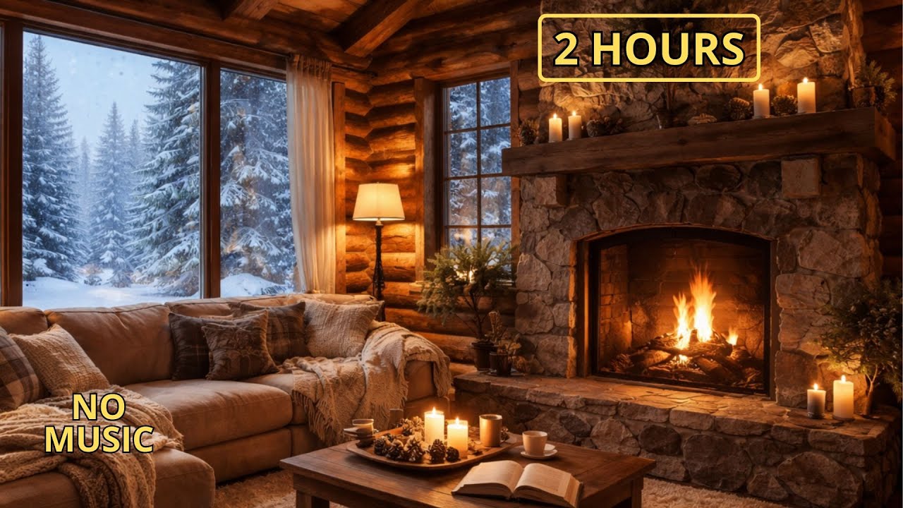 Cozy Winter Lodge Ambience | 2 Hours of Snowstorm and firecrackling for Sleep & Study (No Music)