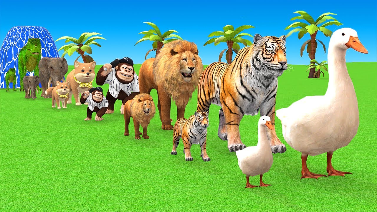 Long Slide Game With Cow Elephant Gorilla Hippopotamus Tiger - 3d Animal Game - Funny 3d Animals