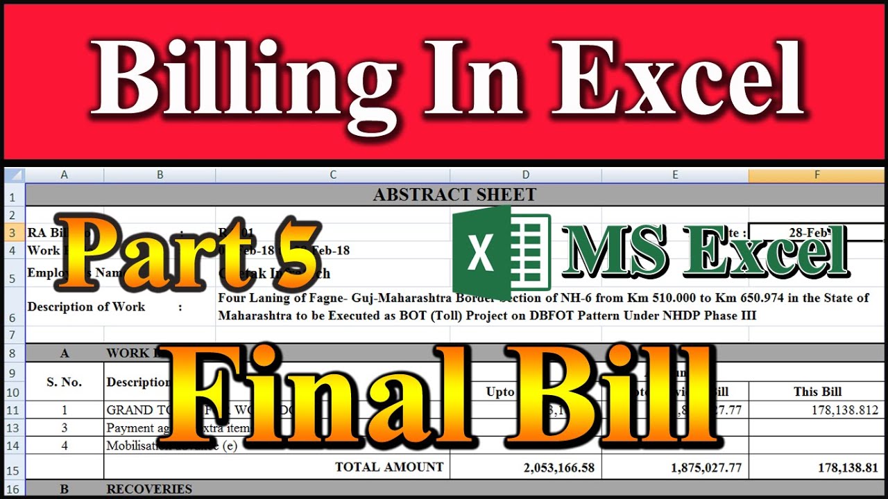 Billing Part 5 | How to Prepare Billing in Excel - Final Construction Bill - Billing Engineer