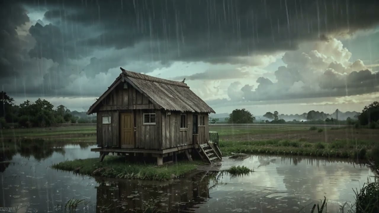 Gloomy Afternoon Rain in a Traditional Paddy Field Cabin