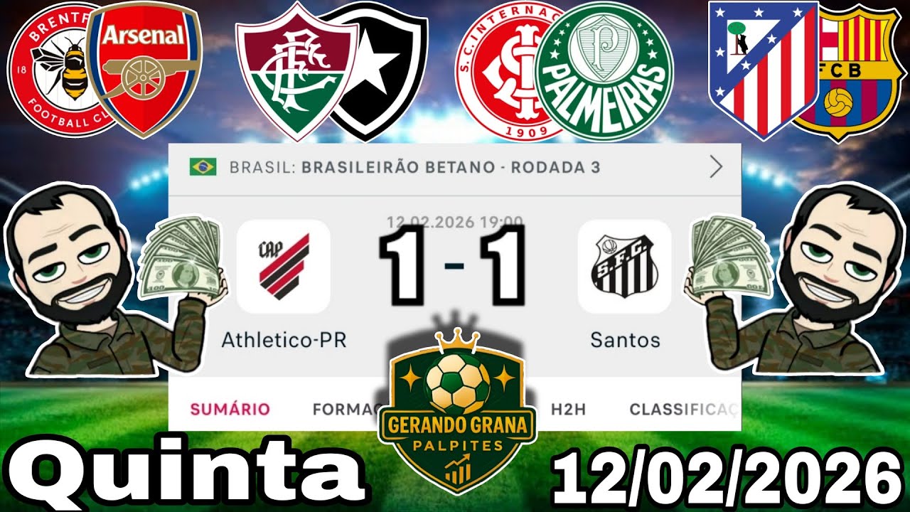PALPITES DE FUTEBOL PARA HOJE 12 02 2026 QUINTA - FEIRA COM PLACARES EXATOS, BILHETE PRONTO + ZEBRA