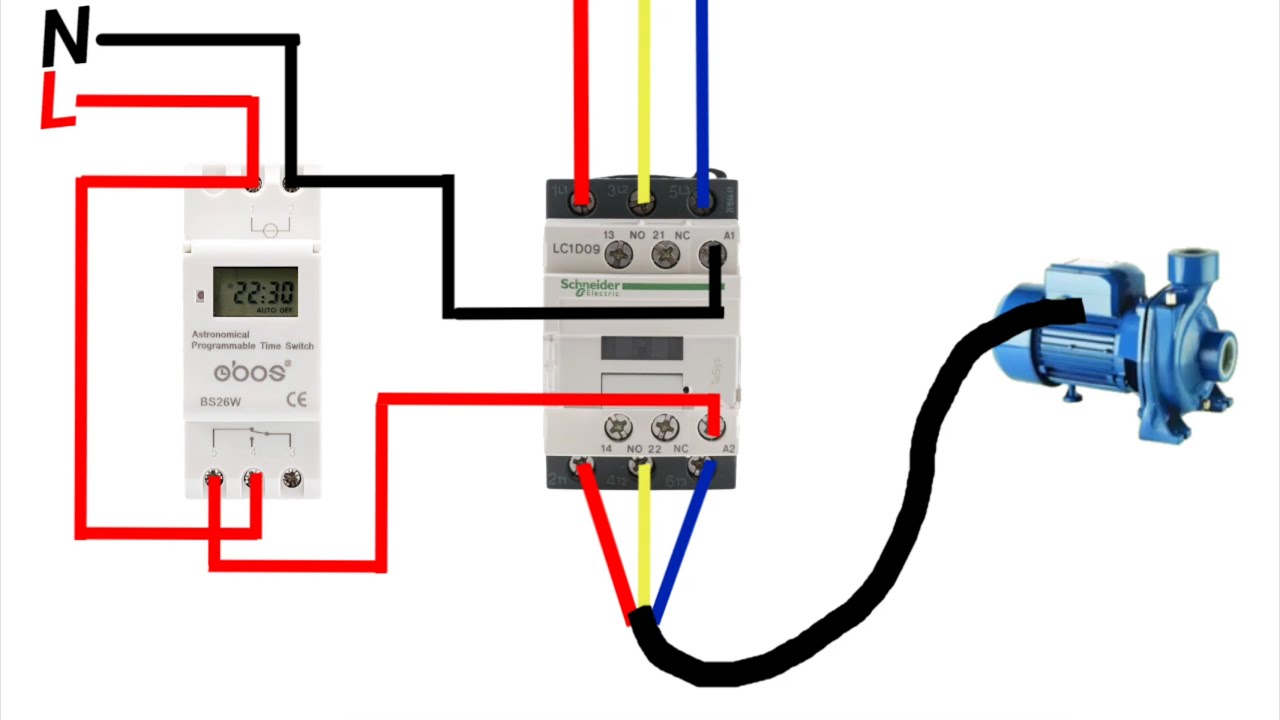 Digital timer magnetic contactor wiring connection diagram.