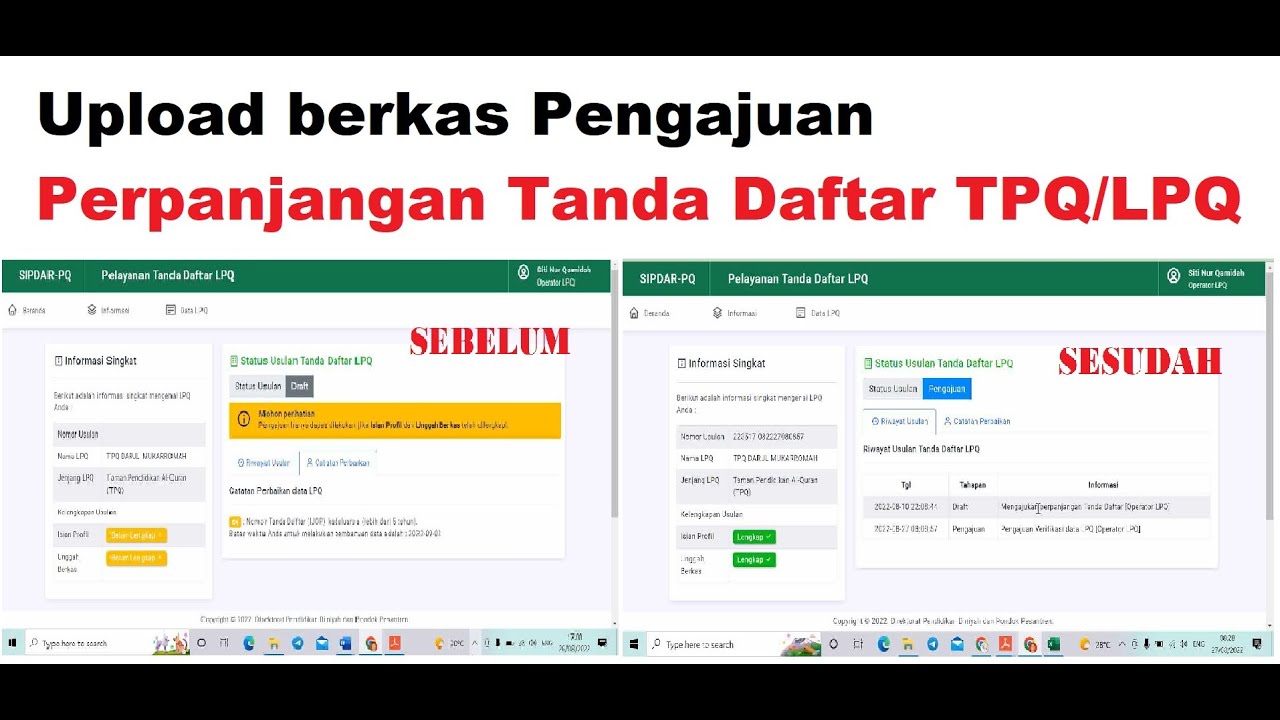 Upload berkas Pengajuan Perpanjangan Daftar TPQ / LPQ Online Pada SIPDAR