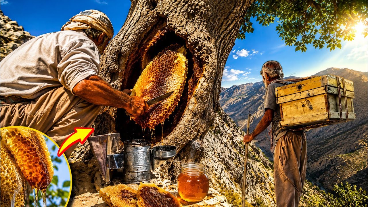 🍯Wild Honey Hunting in the Zagros|Harvesting Honey from a Tree Trunk in Nomadic Life in Iran🏔️🔥