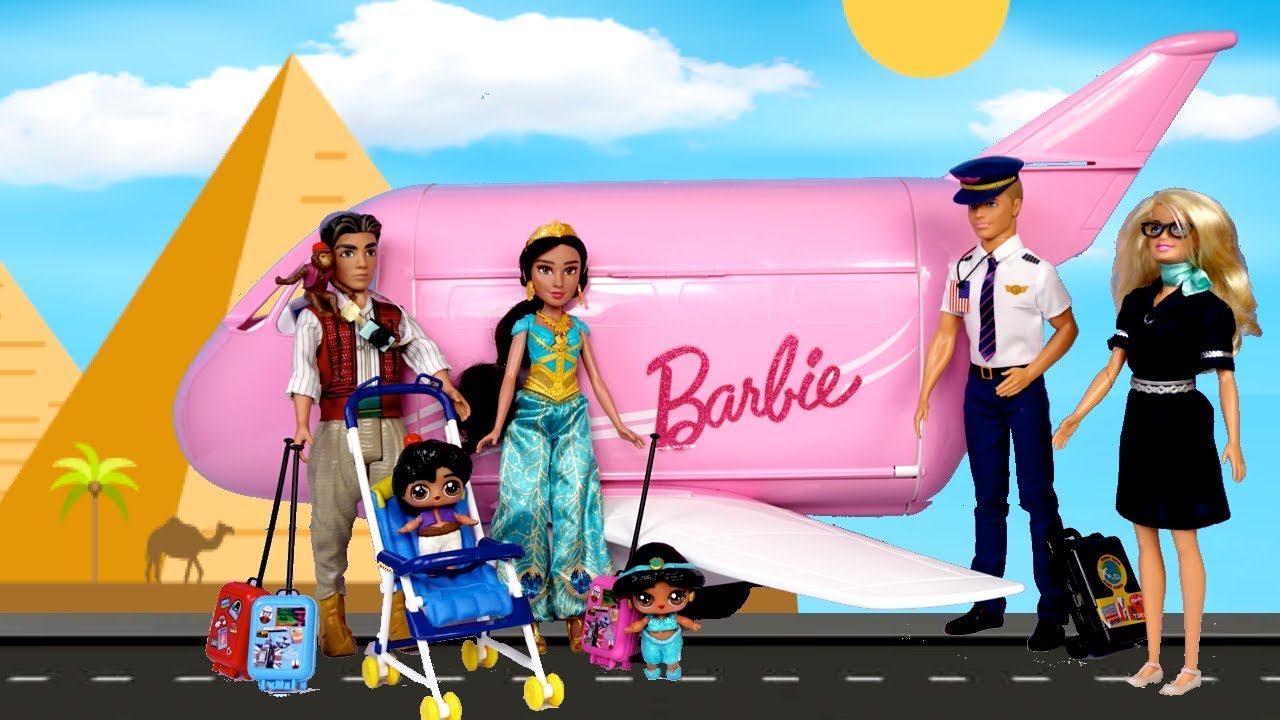 Barbie Doll LOL Aladdin Family Morning Travel Routine in Pink Barbie Airplane