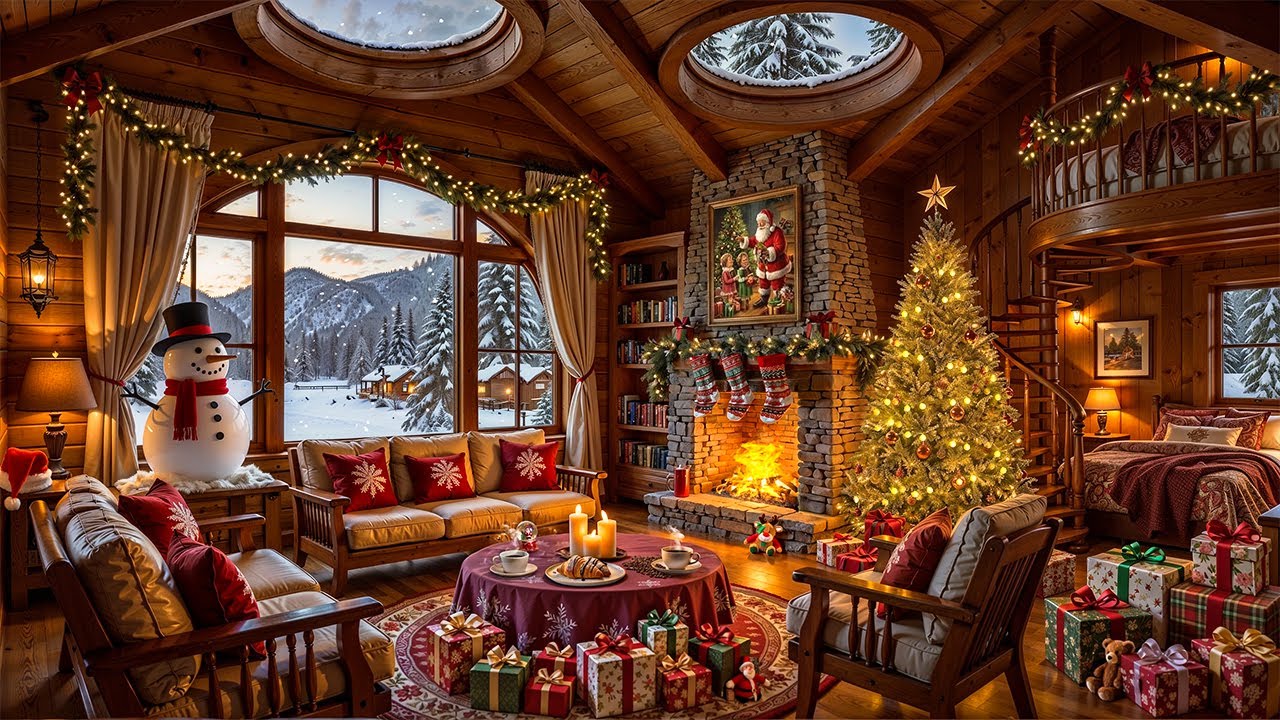 Background Christmas Jazz Music with Cozy Winter Cabin Ambience🎄🔥 Crackling Fireplace & Falling Snow