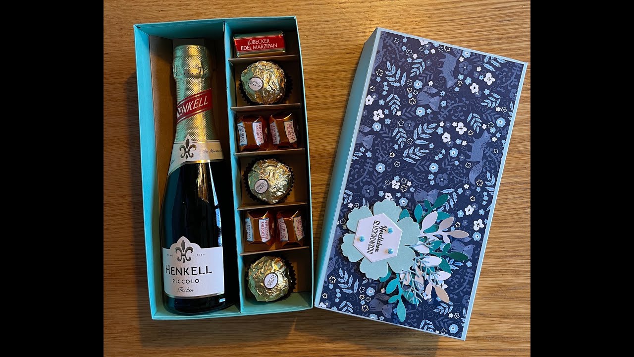 Stabile Geschenkbox für einen Piccolo und Schokokugeln zum Geburtstag oder als Mitbringsel etc.