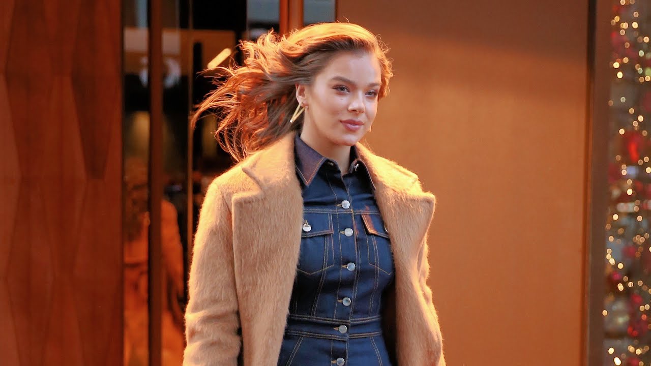Hailee Steinfeld wears a denim dress on her way to Good Morning America in New York City
