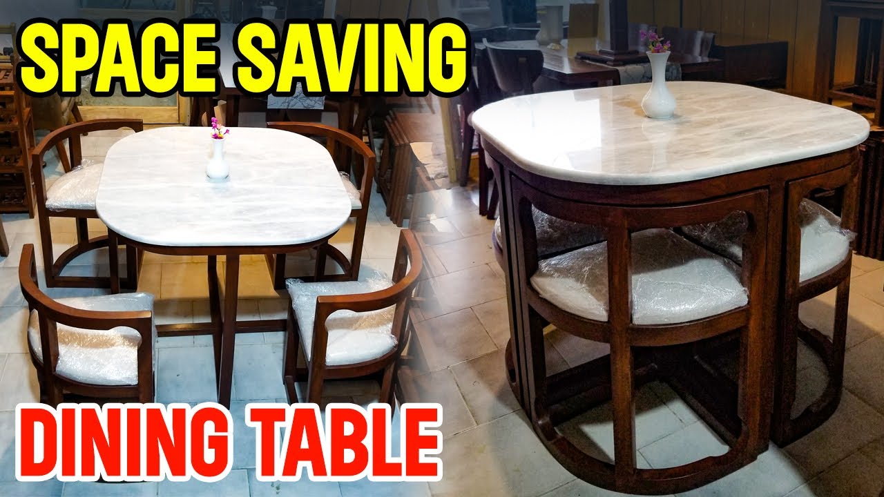 Marble Top Space-Saving Dining Table | Folding Dining Set with 4 Chairs | Woodakh