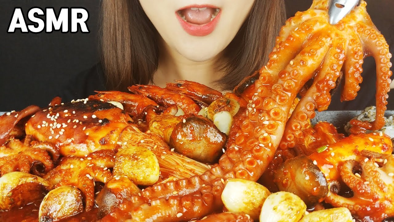 ASMR пряные морепродукты (осьминоги, ребенок осьминога, кальмара, грибов)