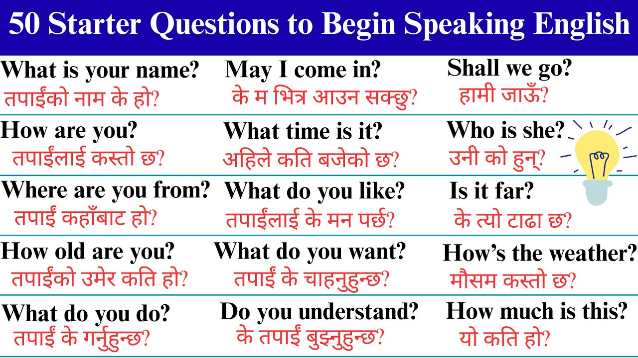 Part - 2, 50 Starter Questions to Begin Speaking English – अंग्रेजी बोल्न सुरु गर्ने ५० प्रश्नहरू |
