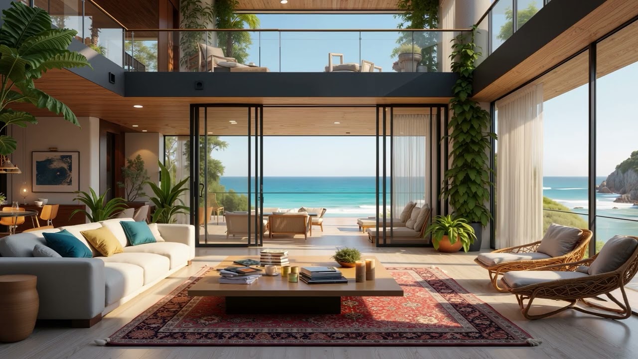 Luxury House Ambience by the Sea 🌅 Quiet Jazz Melody With Ocean Sounds To Chill Out