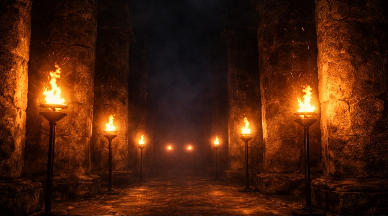 Ancient Temple Torch Sounds 🔥 Dark Temple Fire Ambience for Deep Sleep (9 Hours)