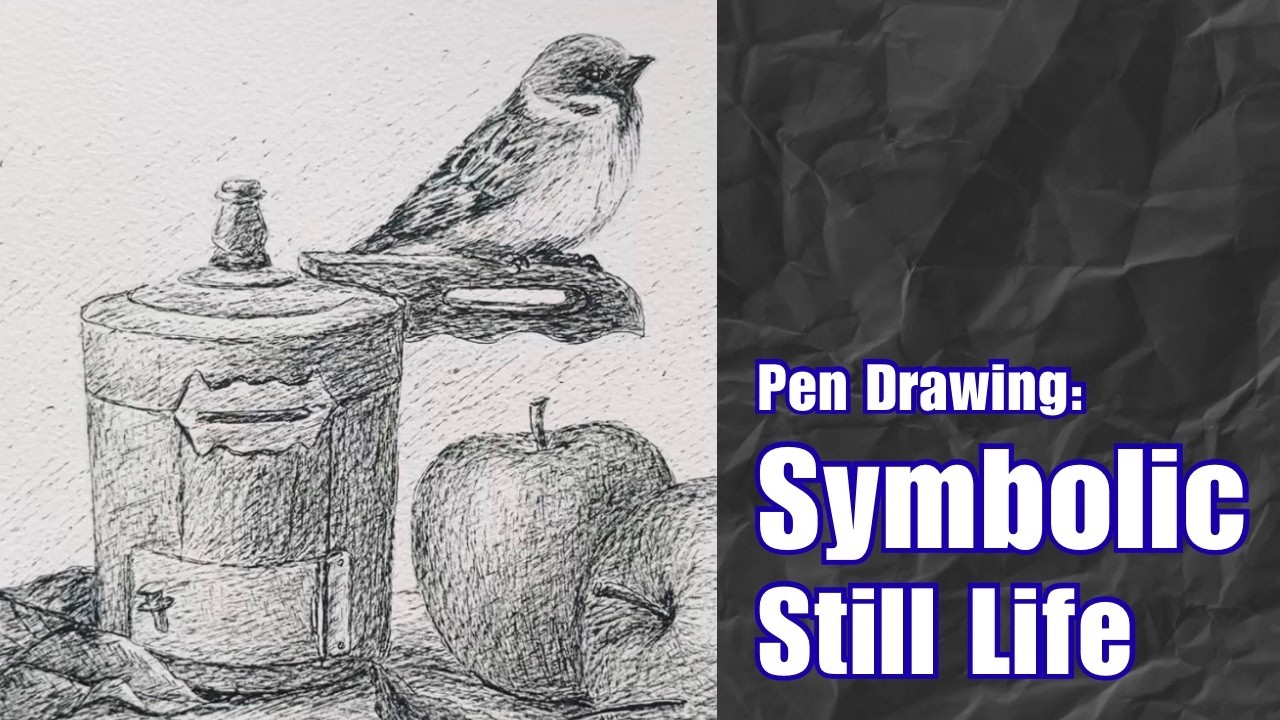 Pen Drawing: Symbolic Still Life - Savings Box, Sparrow and Apples | Kuning HouseofArt