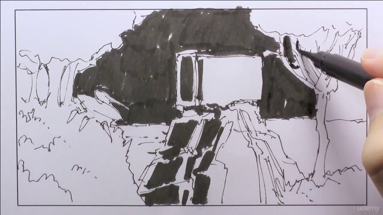 Create a sci fi landscape illustration using pen and ink - learn Illustration