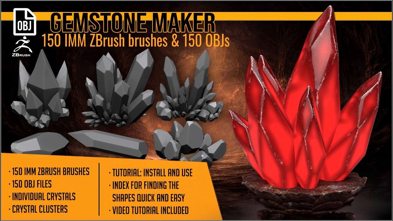 Gemstone Maker 150 IMM ZBrush brushes and 150 OBJs