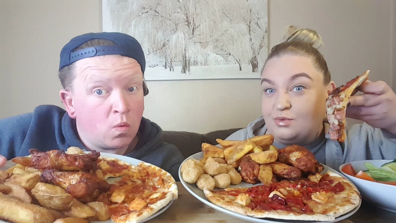 pizza, chicken wings and popcorn mukbang