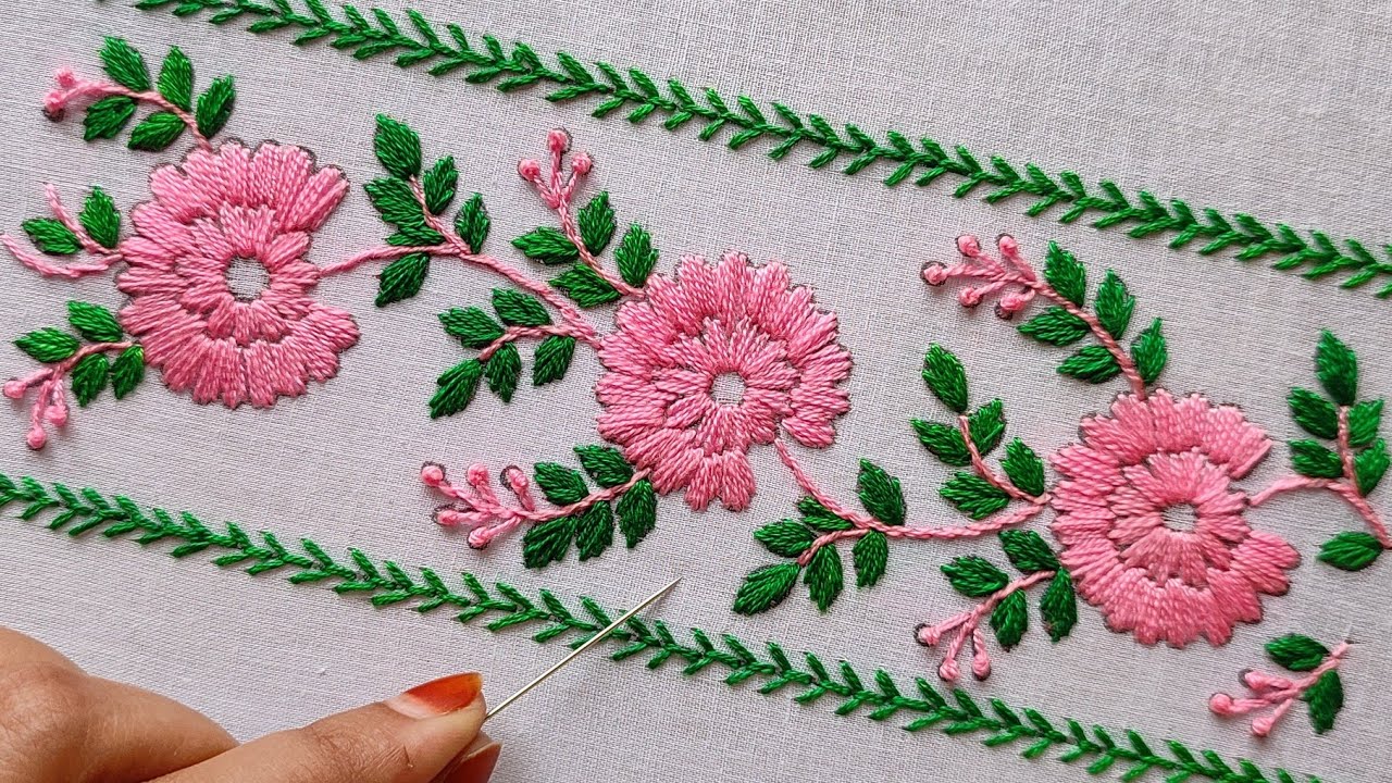 Hand Embroidery Design: Border Dress Embroidery Flower stitch, হাতের কাজের বর্ডার সেলাই ডিজাইন