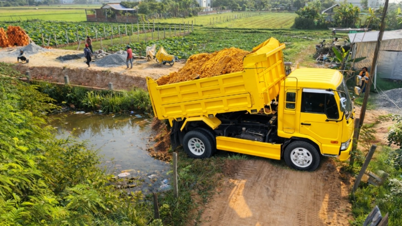 Complete100% Delete Small POND In Flooded Village by Bulldozer Komat'su & Dump Truck Unloading Soils