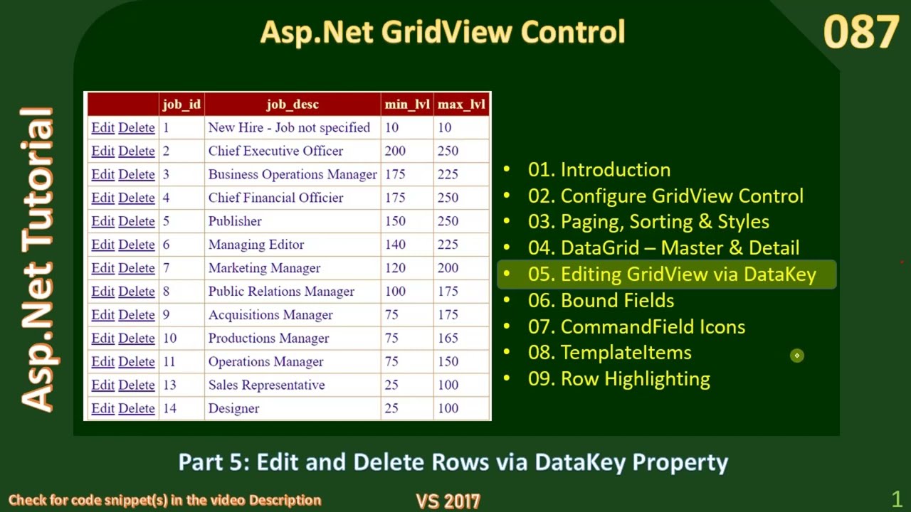Asp Net GridView | Part 5 - Edit & Delete via DataKey Property | Asp Net Tutorial #87