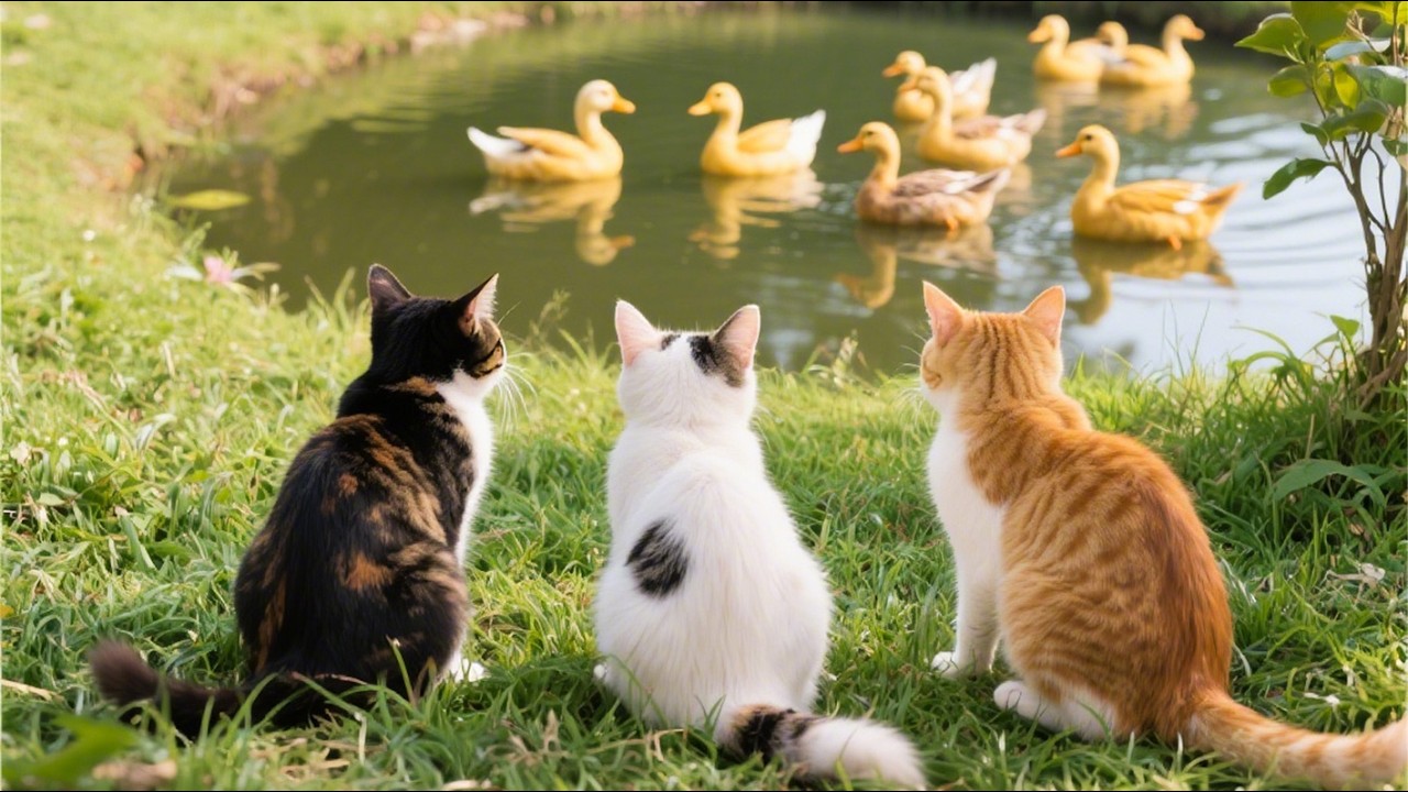 Beautiful cats are watching the ducks swimming happily in the small pond - Cat sounds - Cat videos