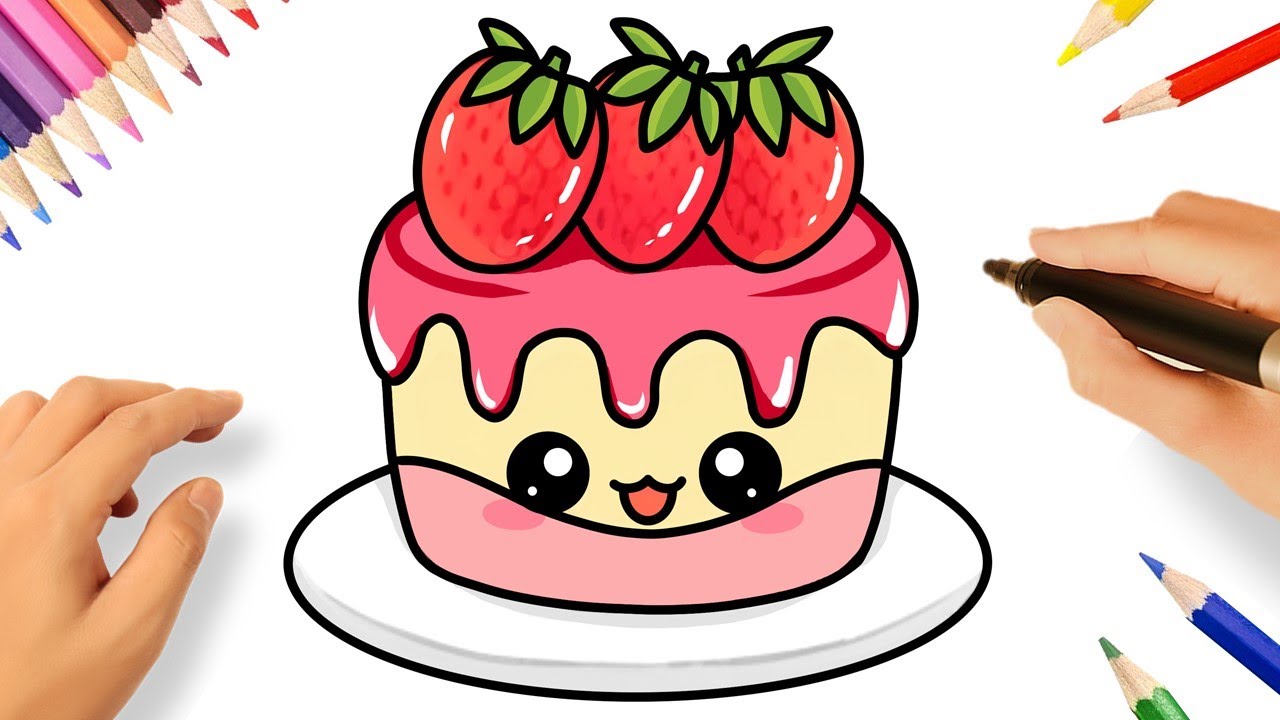 COMMENT DESSINER UN GÂTEAU AUX FRAISES KAWAII 🍰🍓