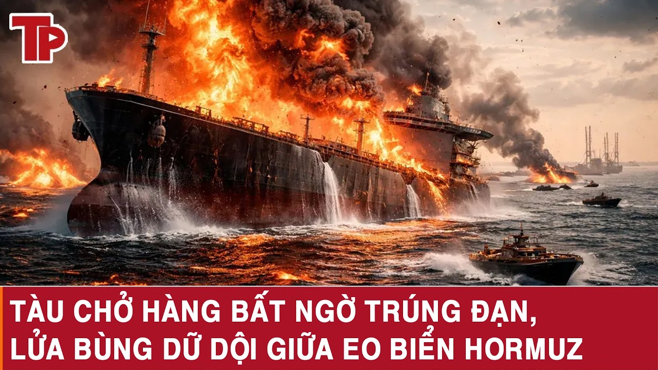 Tàu chở hàng bất ngờ trúng đạn, lửa bùng dữ dội giữa eo biển Hormuz