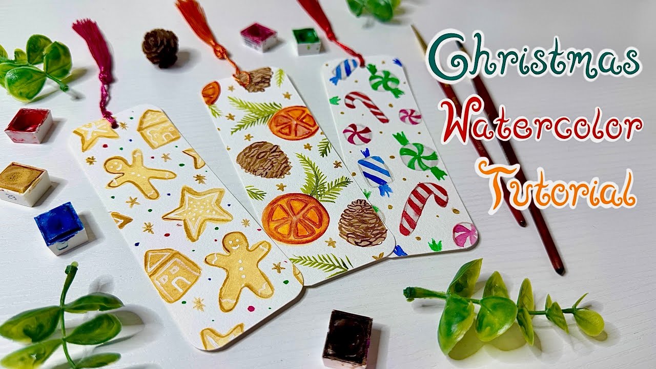 Christmas Watercolor Tutorial 🎄🍊🍭 / Easy Christmas Paintings / How to make a Bookmark with paper
