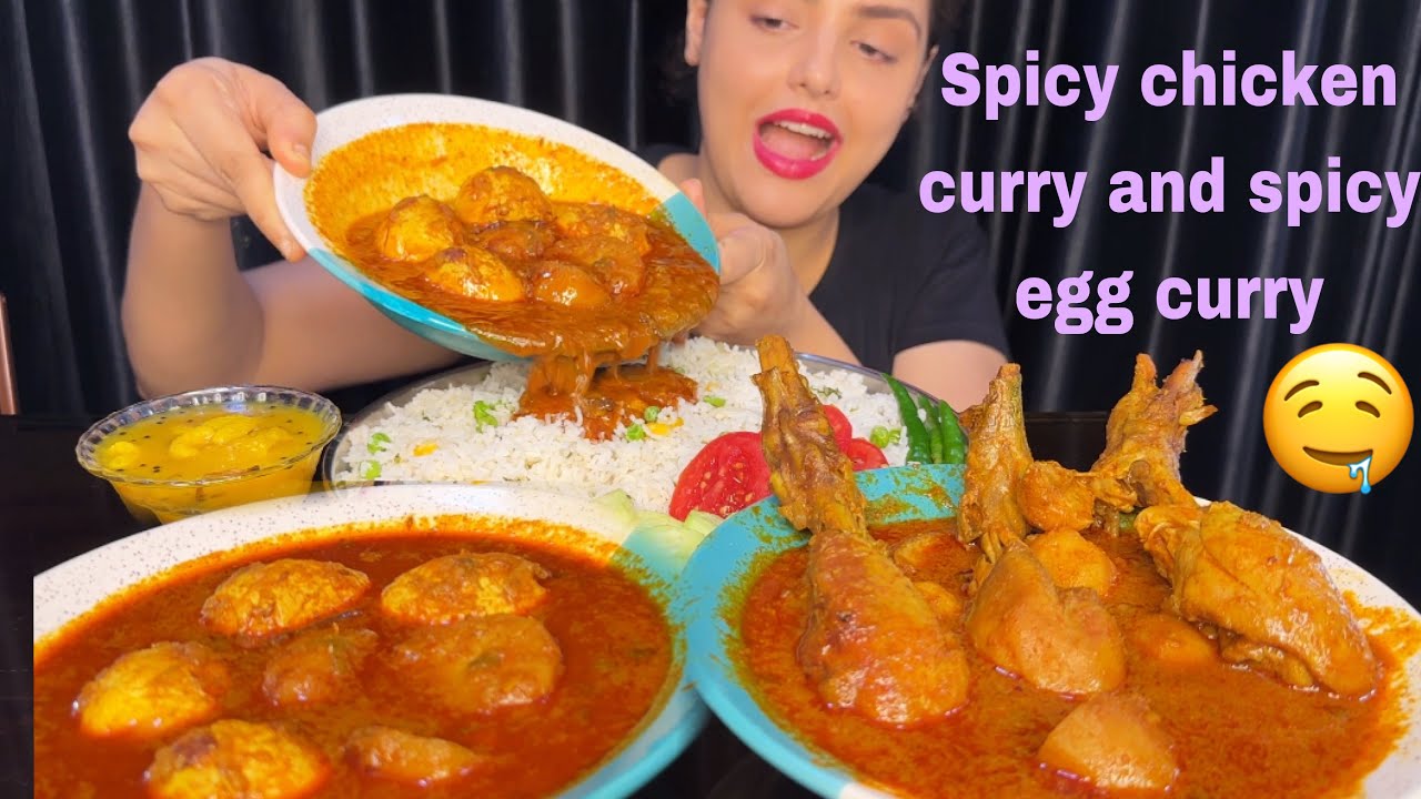 Eating Spicy Chicken Curry, Spicy Egg Curry with Peas-Corn Fried Rice | Mukbang Eating Show