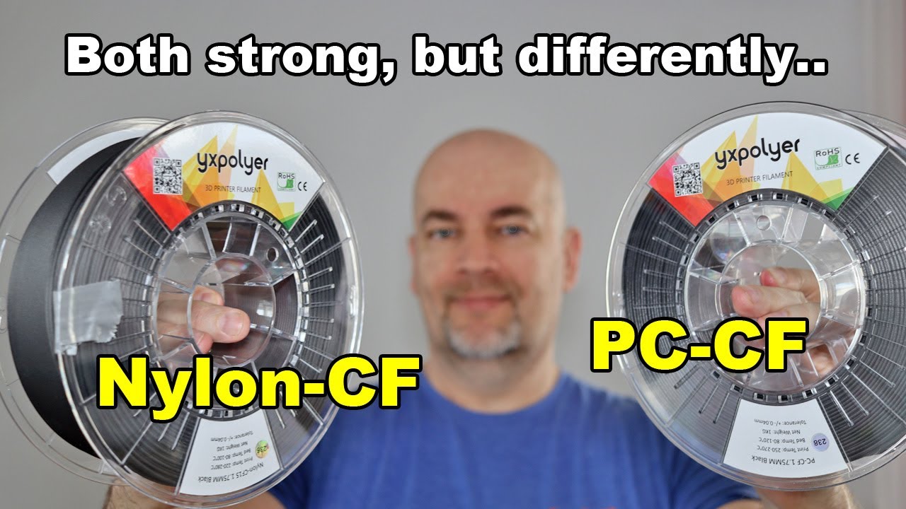YXpolyer PC-CF (polycarbonate) vs Nylon-CF - both very strong 3D printing filaments, but differently