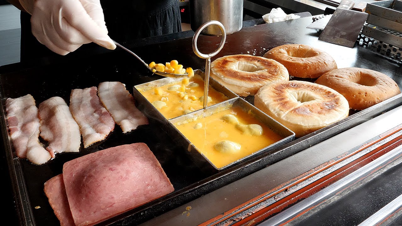 베이컨 햄 치즈 베이글 / bacon ham cheese bagel / korean street food