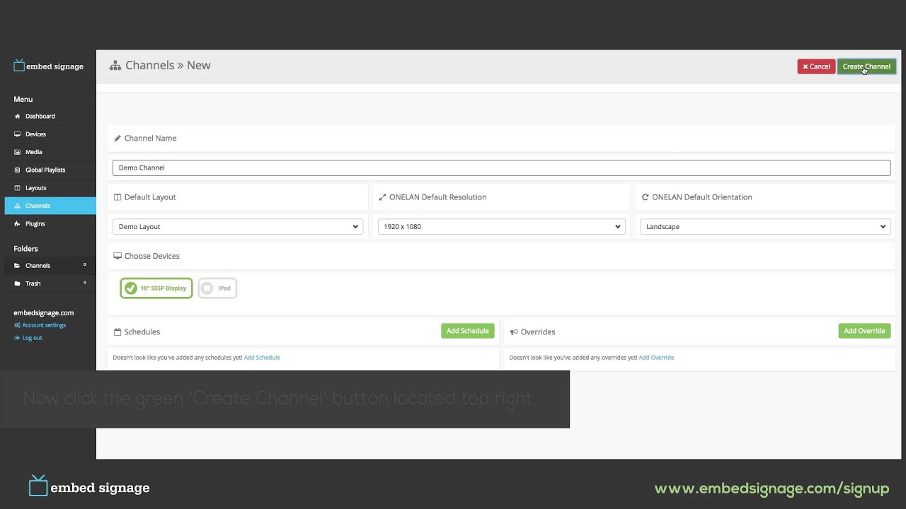 embedsignage.com Tutorial: How to create and publish a channel