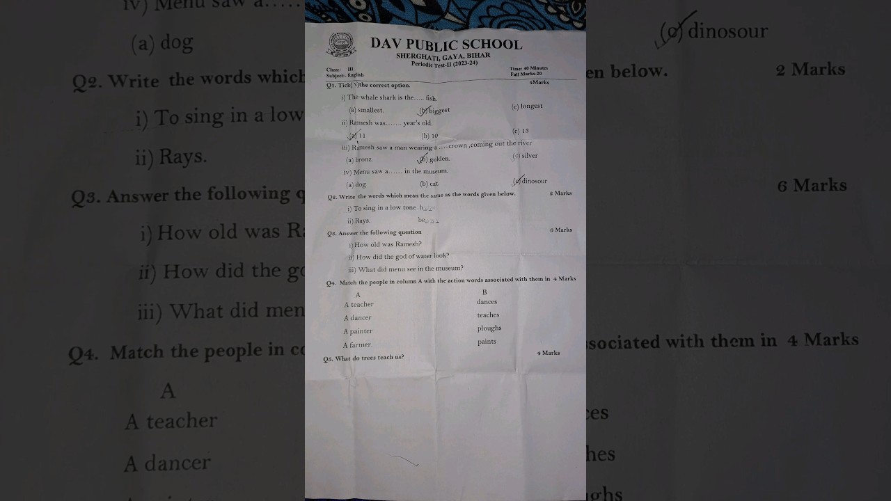DAV class 3 Subject English Question paper of PT-2 2023-24 #viralshorts2023