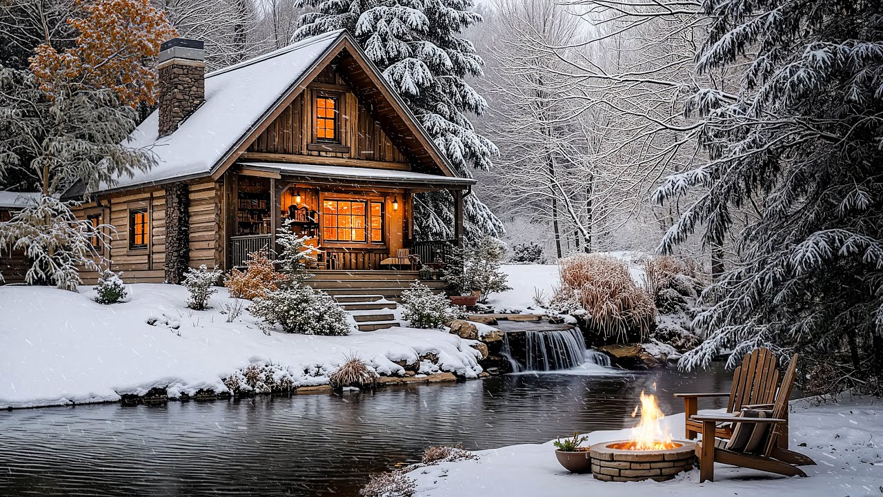 Snowy Cabin by the River ❄️ Cozy Fireplace Jazz & Winter Nature Sounds for Deep Relaxation