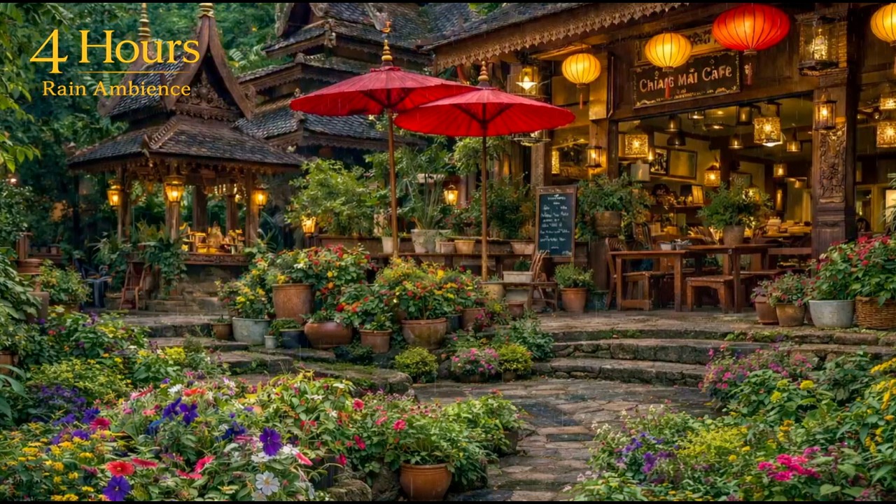 4 Hours Relaxing Rain at a Cozy Café in Chiang Mai | Rain Sounds for Sleep, Study & Relax