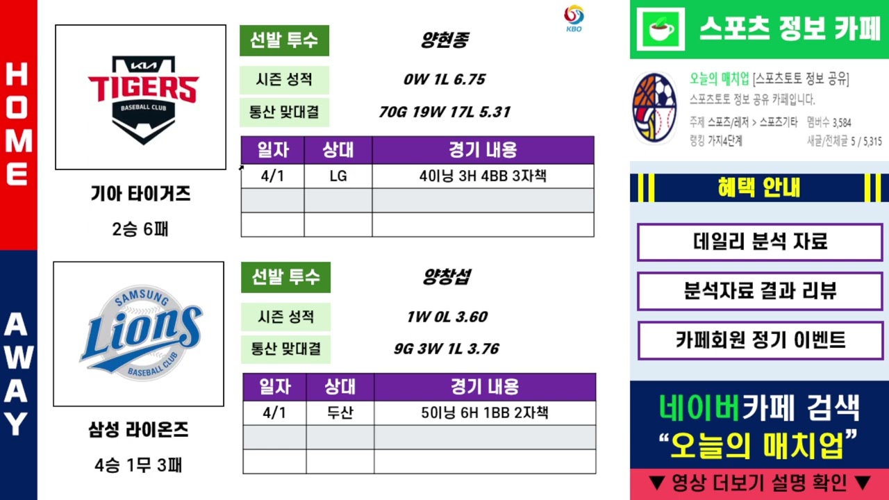 [스포츠분석]★2배UP★4월 7일 화요일 국내야구 일본야구 KBO NPB 경기 분석