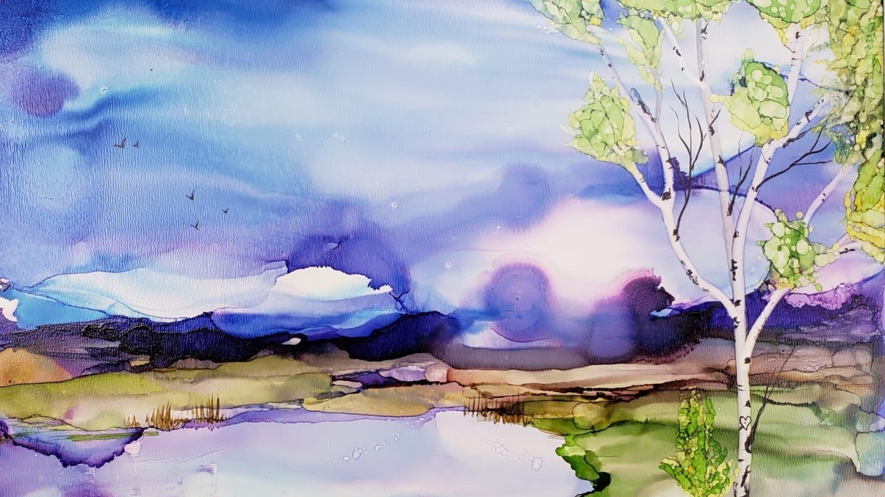 Alcohol Ink Reflective Lake and Sky Landscape Tutorial