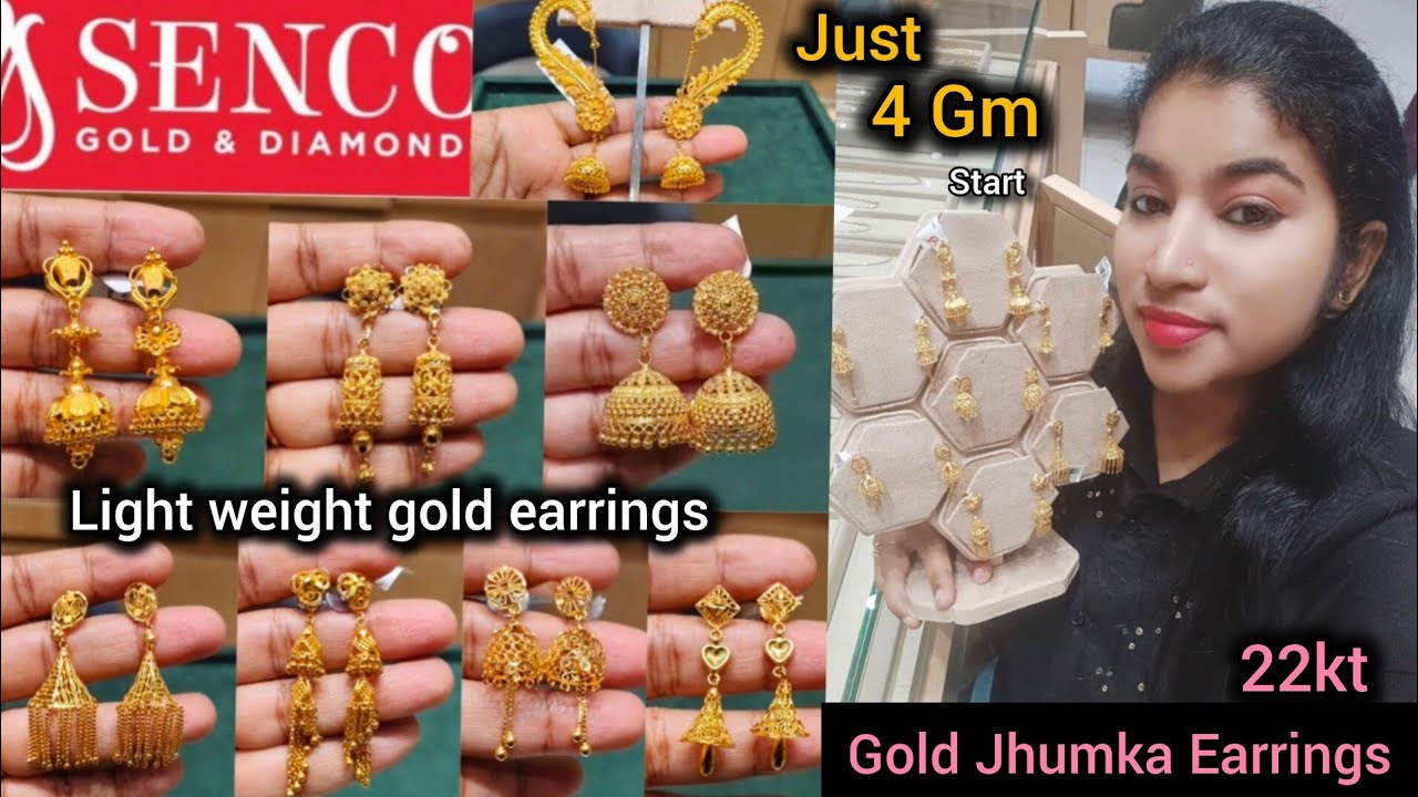 Senco Gold jhumka earrings designs starts 4 gm l Light weight gold earrings with price and weight
