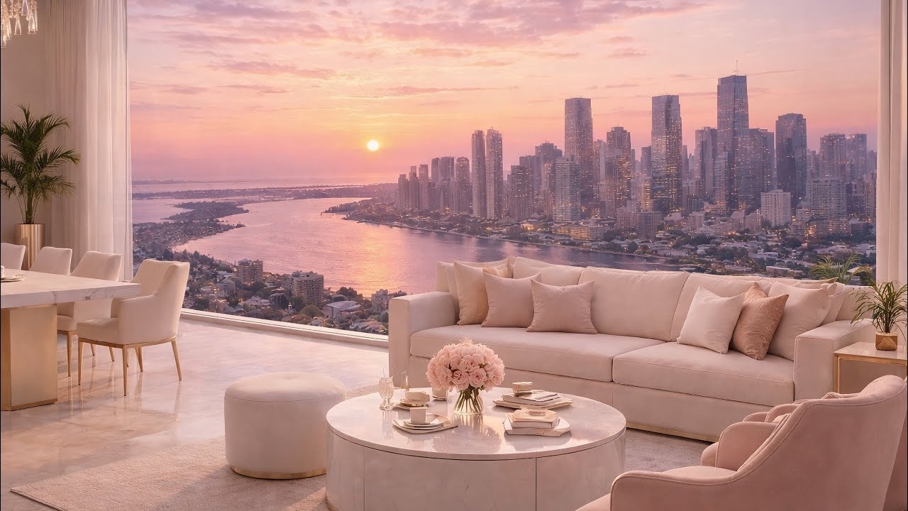 Pink & Gold Sunset Apartment 🌇 1 Hour Calm City Ambience for Focus