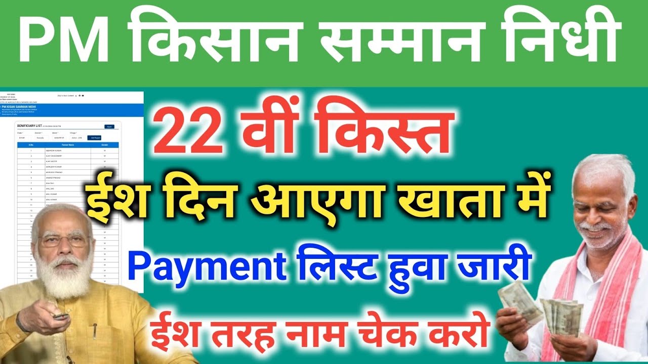 पीएम किसान 22 वीं किस्त ईश दिन होगा जारी | पीएम किसान पेमेंट लिस्ट हुआ जारी 