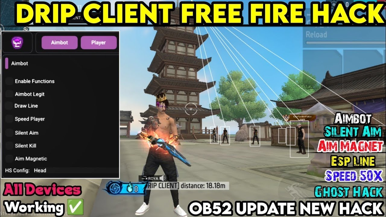 Ob52 drip client free fire || non root no ban blacklist antiban working ||  mod menu free fire