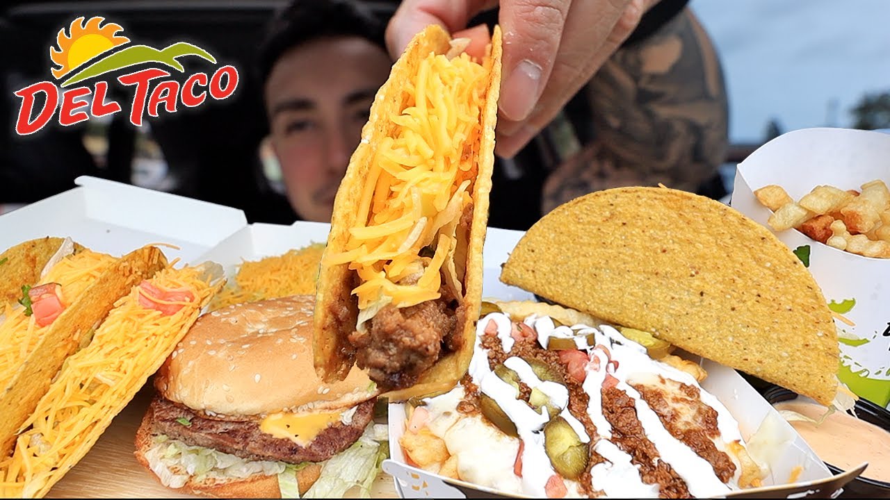 MUKBANG EATING DEL TACO LOADED QUESO CHEESE FRIES CRISPY TACOS CHEESEBURGER REAL EATING SOUNDS ASMR