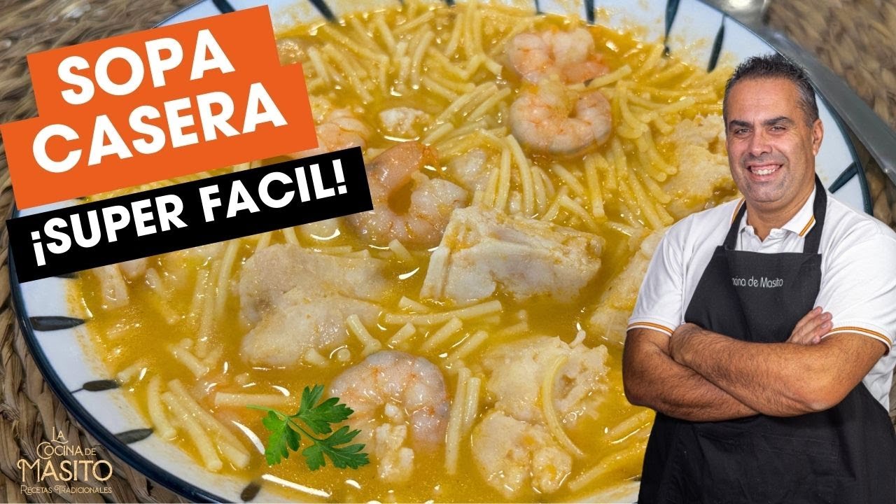 Sopa Casera de Merluza, Fideos y Langostinos | Caldo de Verduras | Receta Fácil y Sabrosa