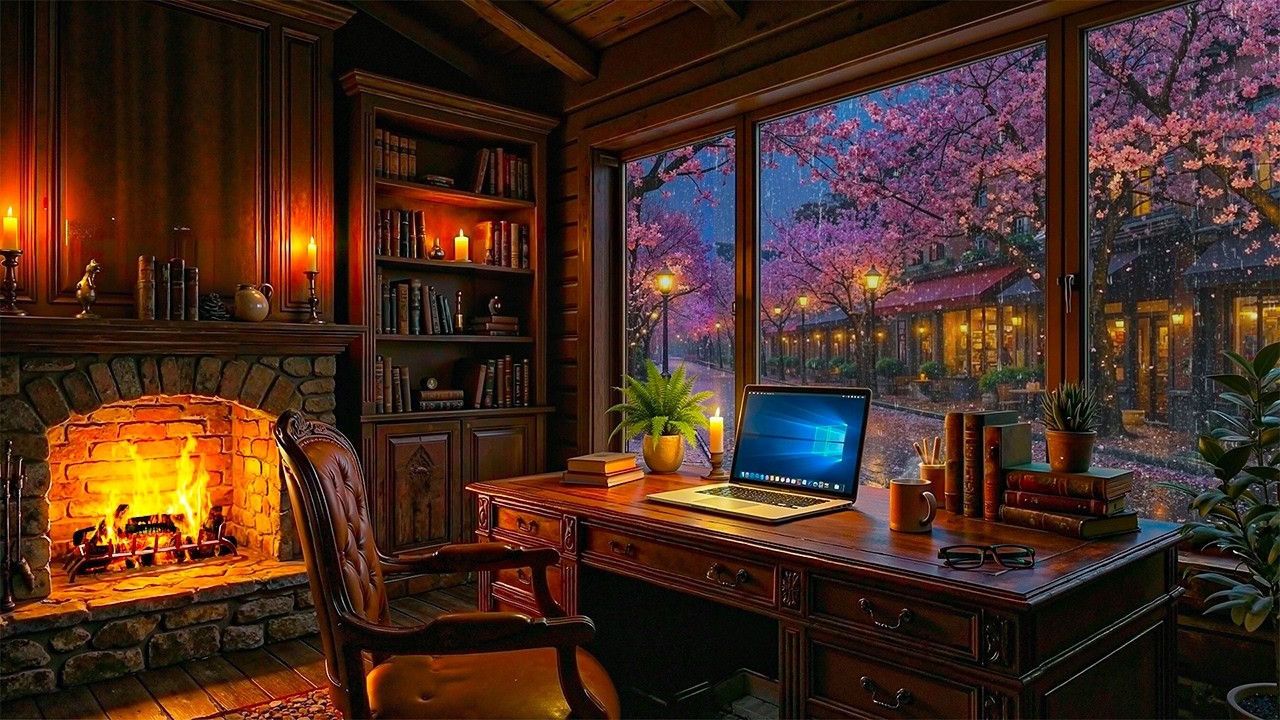 Rainy Cherry Blossom Night 🌧️ Soft Jazz Piano with Cozy Fireplace Ambience for Focus & Relax