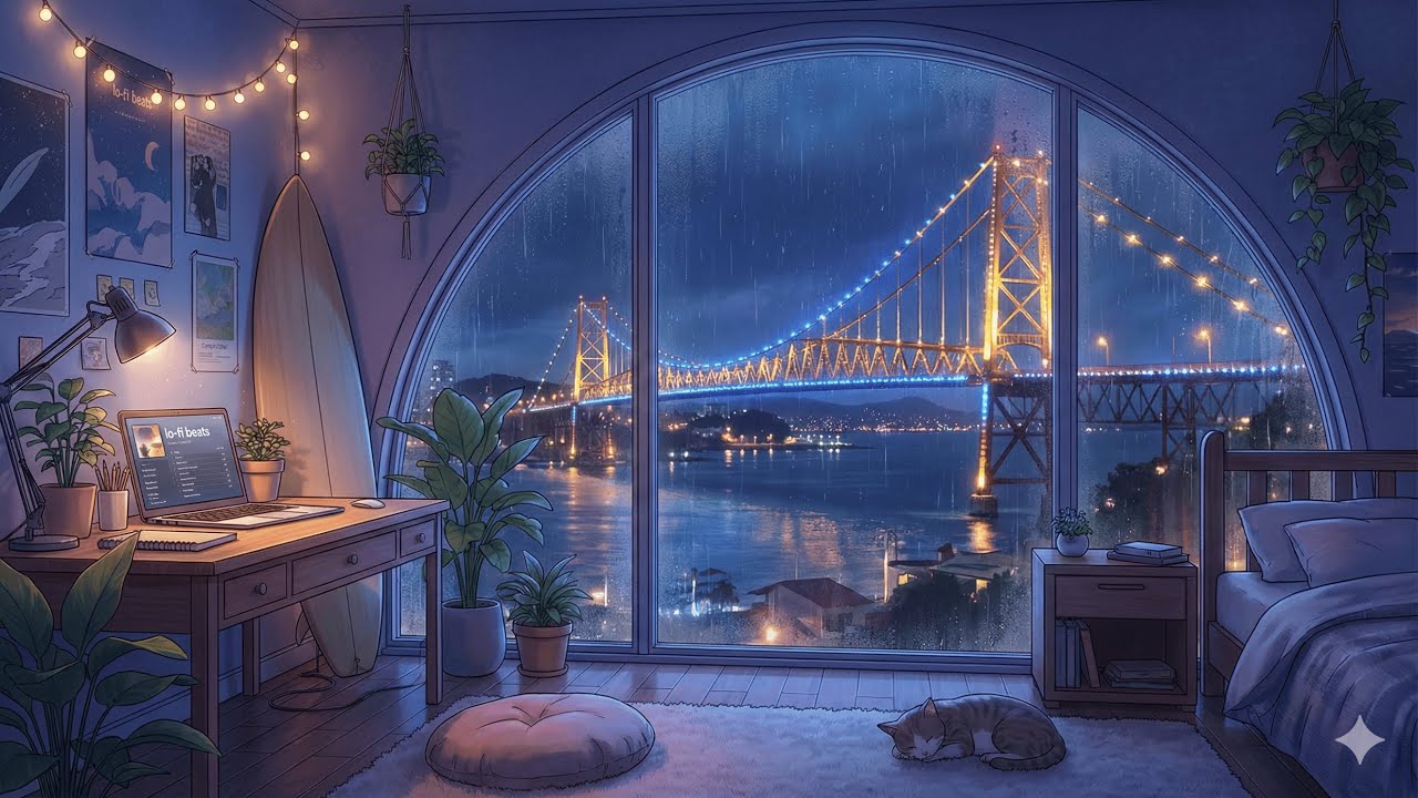 Rainy Night in Florianópolis 🇧🇷 [Reggae Lofi / Cozy Bedroom with Cat to Sleep]